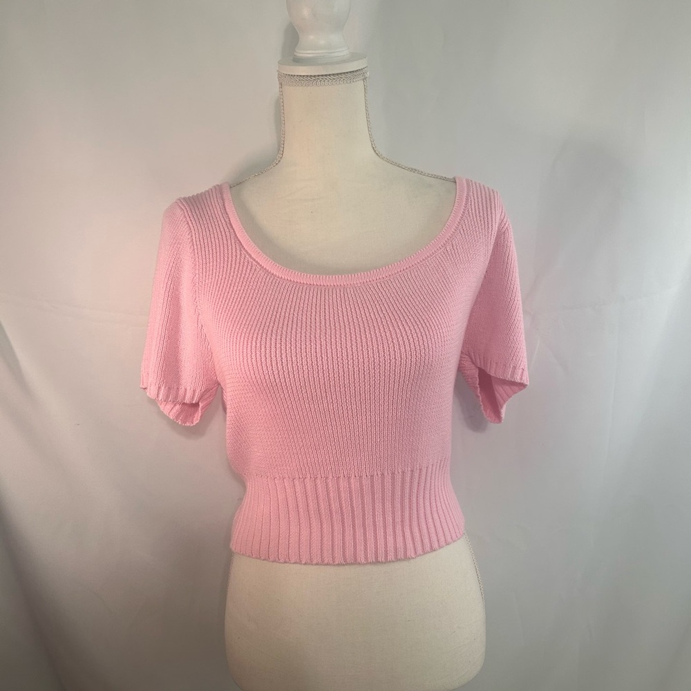 Double Zero Pink Ribbed Knit Crop Sweater Top Scoop Neck Large NWOT